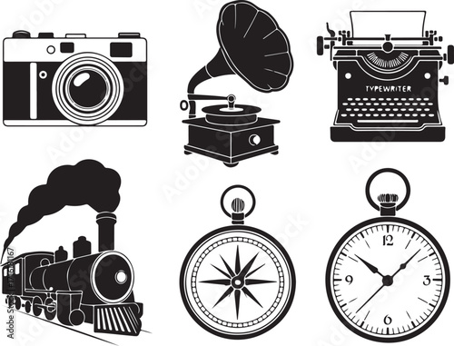 Retro icons vintage camera train typewriter gramophone compass clock