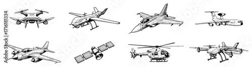 Aircraft Drone and Helicopter Vintage Engraving Set black shape vector laser cutting engraving monochrome print