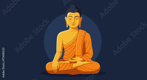 Vector illustration of Buddha in lotus position, serene expression, gold tones, against a dark blue background, flat design style.
