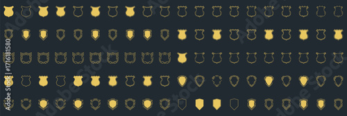 Shield icon set in vintage style. Protect shield security line icons. Badge quality symbol, sign, logo or emblem. Vector illustration	