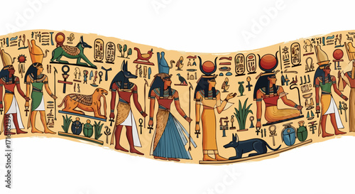 Vibrant ancient Egyptian figures and hieroglyphs create a stunning historical scene full of culture and mystique