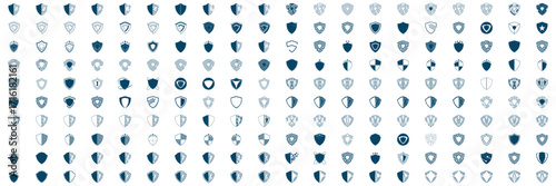 Shield icon set in vintage style. Protect shield security line icons. Badge quality symbol, sign, logo or emblem. Vector illustration	