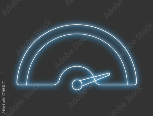 Neon-style illustration of a speedometer or gauge with a needle pointing towards the middle of the scale, set against a dark gray background.