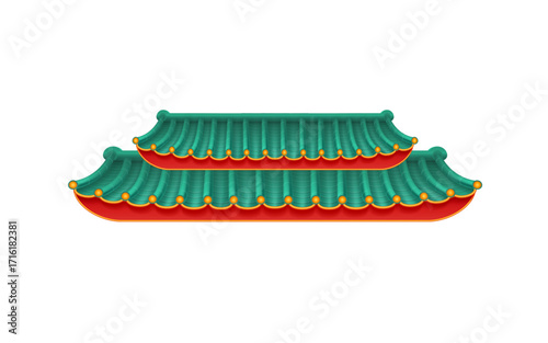 Chinese Traditional Roof Architecture Temple Pagoda Green Red Gold Decoration Ancient Asian Style Oriental Culture Design Vector Illustration Isolated on White Background