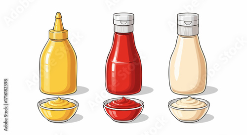 Vibrant ketchup mustard and mayonnaise bottles with dipping bowls for culinary creations