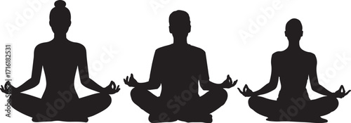 Three silhouettes meditating in lotus pose on white background.