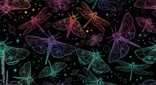 Enchanting celestial moths and dragonflies dance across a starry night sky with vibrant neon gradients.