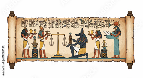 Ancient Egyptian scroll depicting Anubis, scales, and hieroglyphs - a stunning historical illustration
