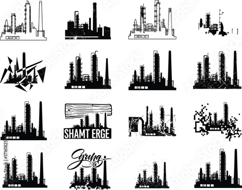 factory, building, industry, plant, smokestack, structure, design, style, variation, abstract, pixel, graffiti, vector, black, icon, illustration, shape, object, element, graphic