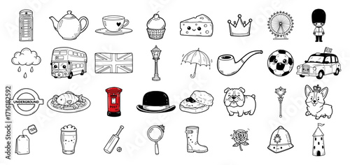 Photography Doodle Collection of London and British Culture Icons black shape vector laser c