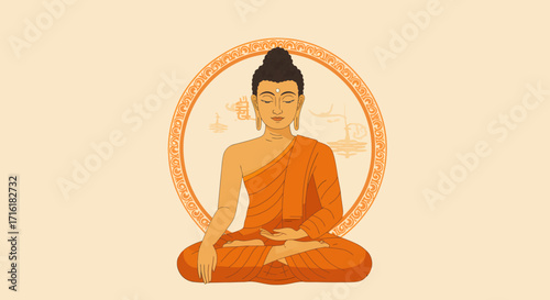 Calm serene Buddha illustration in peaceful orange tones, sitting in lotus position, encircled by decorative frame against a pale background.