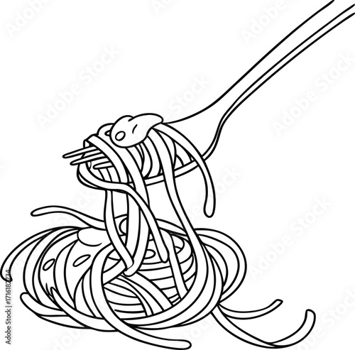 Illustration of a fork twirling spaghetti with rich tomato sauce