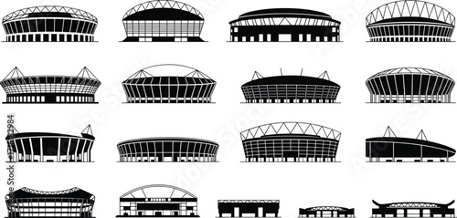 Stadium silhouette collection, modern sports arena designs, architectural vector set, black and white illustration, contemporary event venue, urban landmark, detailed building graphics