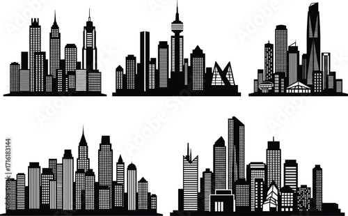 Collection of modern city skylines silhouette with skyscrapers, urban buildings, downtown architecture, real estate development, cityscape vector illustration design set.