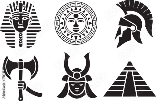 Ancient symbols pharaoh helmet sun samurai axe pyramid