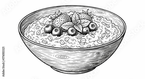 Delicious healthy oatmeal bowl with fresh strawberries and blueberries, perfect for breakfast
