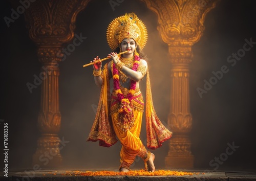 A radiant depiction of Krishna, the Hindu deity, playing a flute, adorned in vibrant golden and orange garments, set against a backdrop of ornate golden pillars and a dimly lit temple.