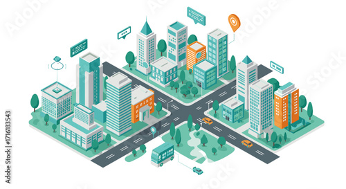 Modern isometric cityscape with skyscrapers and streets in vibrant colors