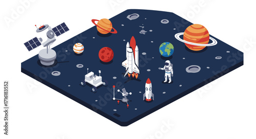 Isometric space exploration scene with planets, rockets, and astronaut