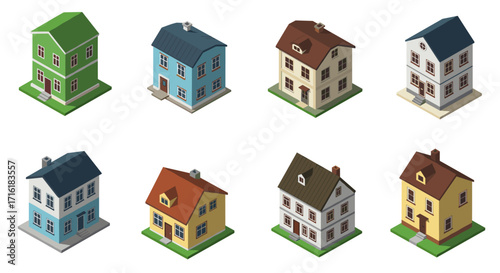Charming isometric houses set in various colors and styles