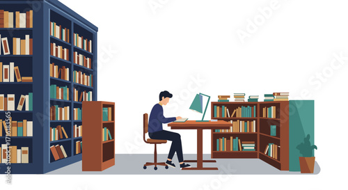 Student studying in cozy library with bookshelves and desk lamp