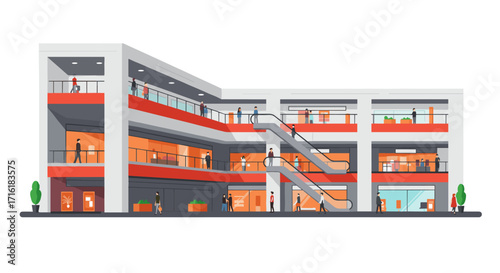 Modern shopping mall with escalators and shoppers in flat design