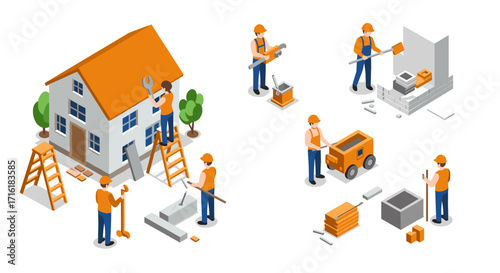 Isometric construction team building house with tools and equipment