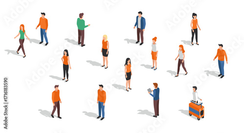 People in isometric design: diverse group of characters interacting on a white background