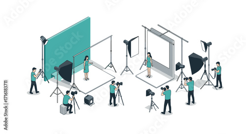 Professional photography studio scene with photographers and models in isometric design