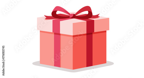 Isometric gift box with red ribbon and bow on white background