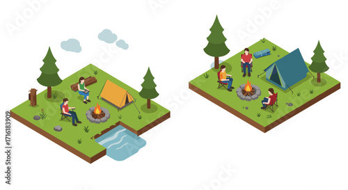 Isometric camping scene with tents, campfire, and people in nature
