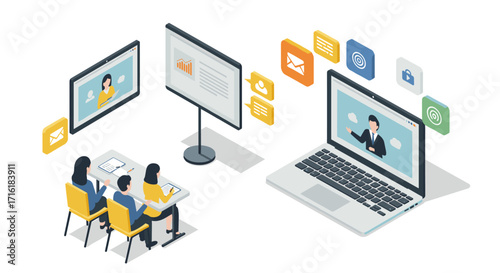 Wallpaper Mural Virtual meeting and presentation with remote collaboration in isometric style Torontodigital.ca