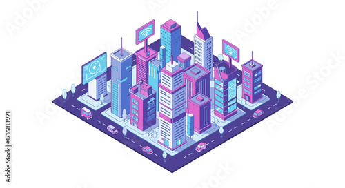 Futuristic isometric cityscape with modern skyscrapers and technology icons