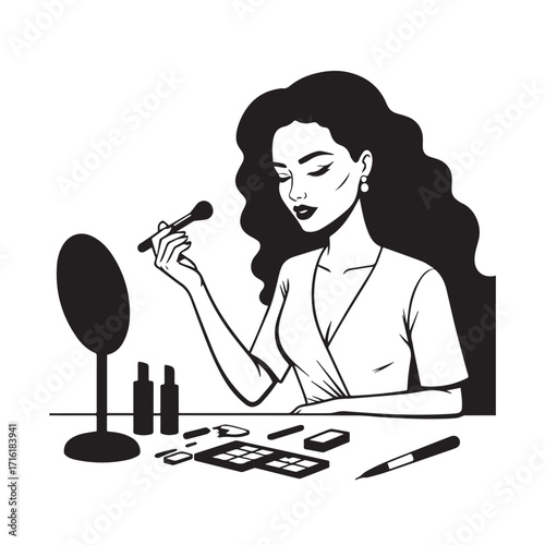 Black and white line art of a beautiful woman doing makeup at dressing table with mirror illustration