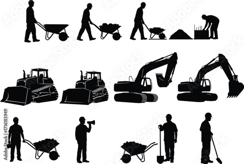 Construction workers and heavy machinery silhouettes in action, ideal for labor, building, teamwork, equipment, engineering, infrastructure, and industrial site design.