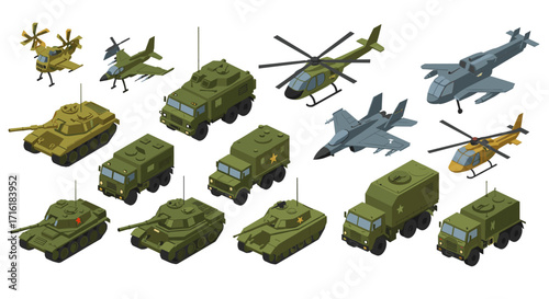 Isometric military vehicles and aircraft collection in green camouflage