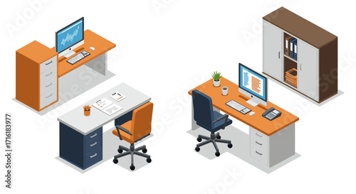 Isometric office desks with chairs and computers in modern workspace setting