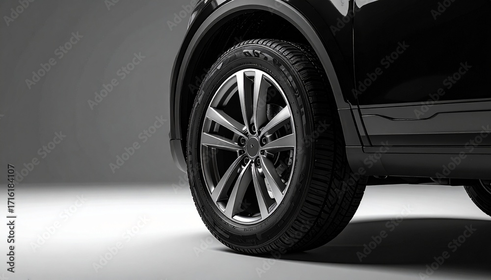 Naklejka premium Close-up of a Black SUV Tire and Rim on a Gray Background with Copy Space