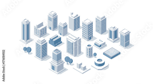 Modern isometric cityscape with minimalist buildings and urban elements