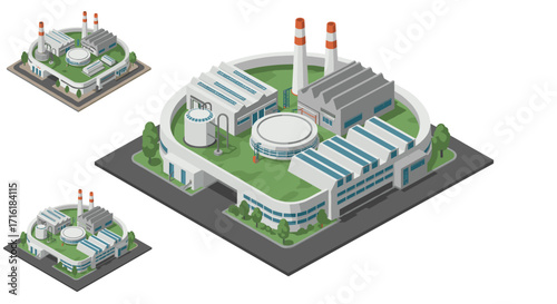 Isometric industrial factory buildings with smokestacks and green surroundings