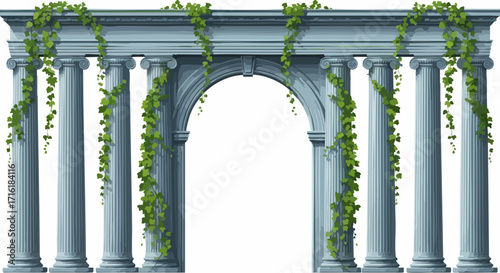 Elegant classical stone archway with lush green ivy vines cascading elegantly