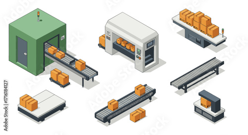 Isometric warehouse automation: conveyor belts and packaging units