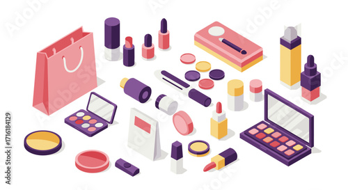 Isometric makeup products collection with shopping bag and cosmetics on white background