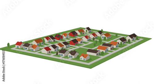 Isometric neighborhood layout with modern houses and green spaces