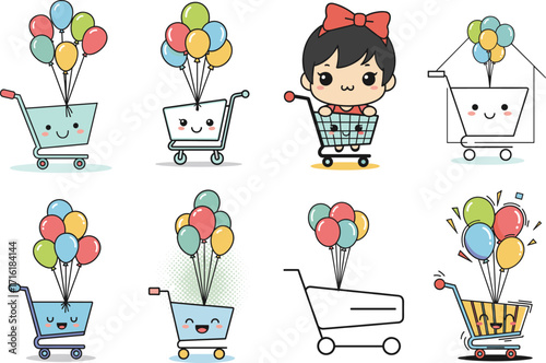 Cute shopping cart illustration with balloons, happy cartoon faces, adorable character design, retail concept, playful mascot style, vector art for commercial and marketing use