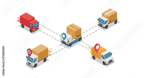 Isometric delivery trucks in logistics network with gps markers