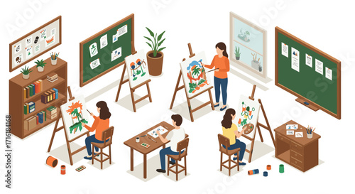 Creative art class with students painting on easels in a cozy classroom setup