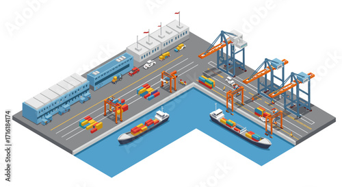 Isometric port scene with cargo ships and cranes unloading containers