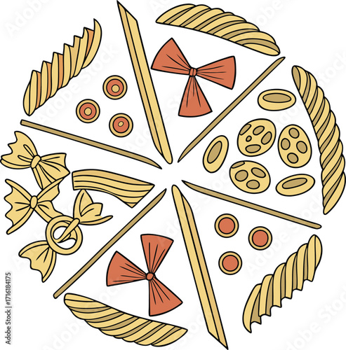 Collection of italian pasta shapes penne fusilli and farfalle illustrations