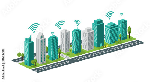 Smart city isometric concept with wireless network and green buildings